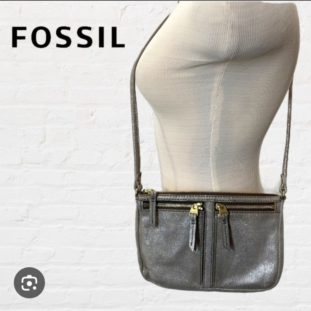 Fossil Glitter Suede Crossbody Bag Shimmer Zip Pockets
